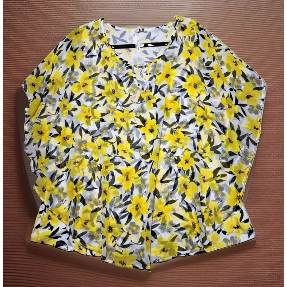 NY Collection Women's Sz2X Yellow Floral chiffon top charm hardware keyhole neck